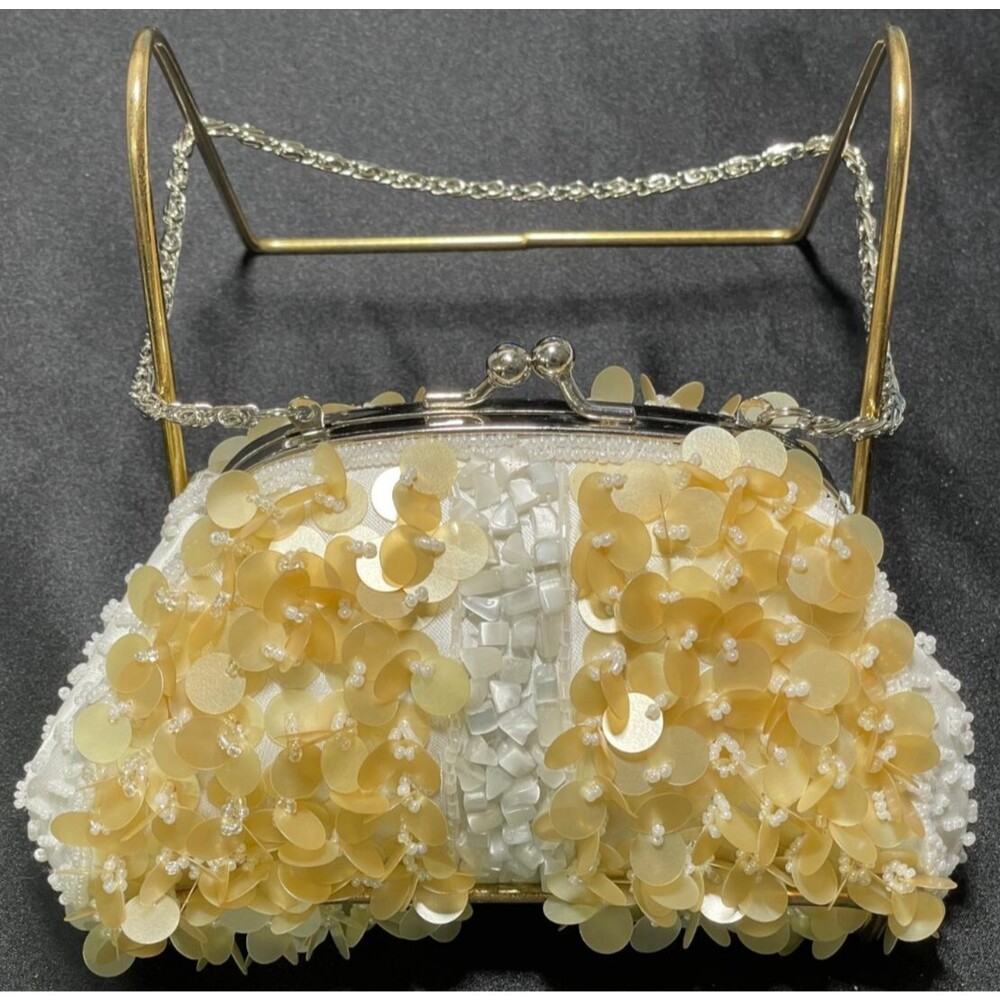 Moni Couture Gold / White Beaded Sequin Clutch Handbag w/ Silver Chain Mini Y2K - Picture 2 of 7